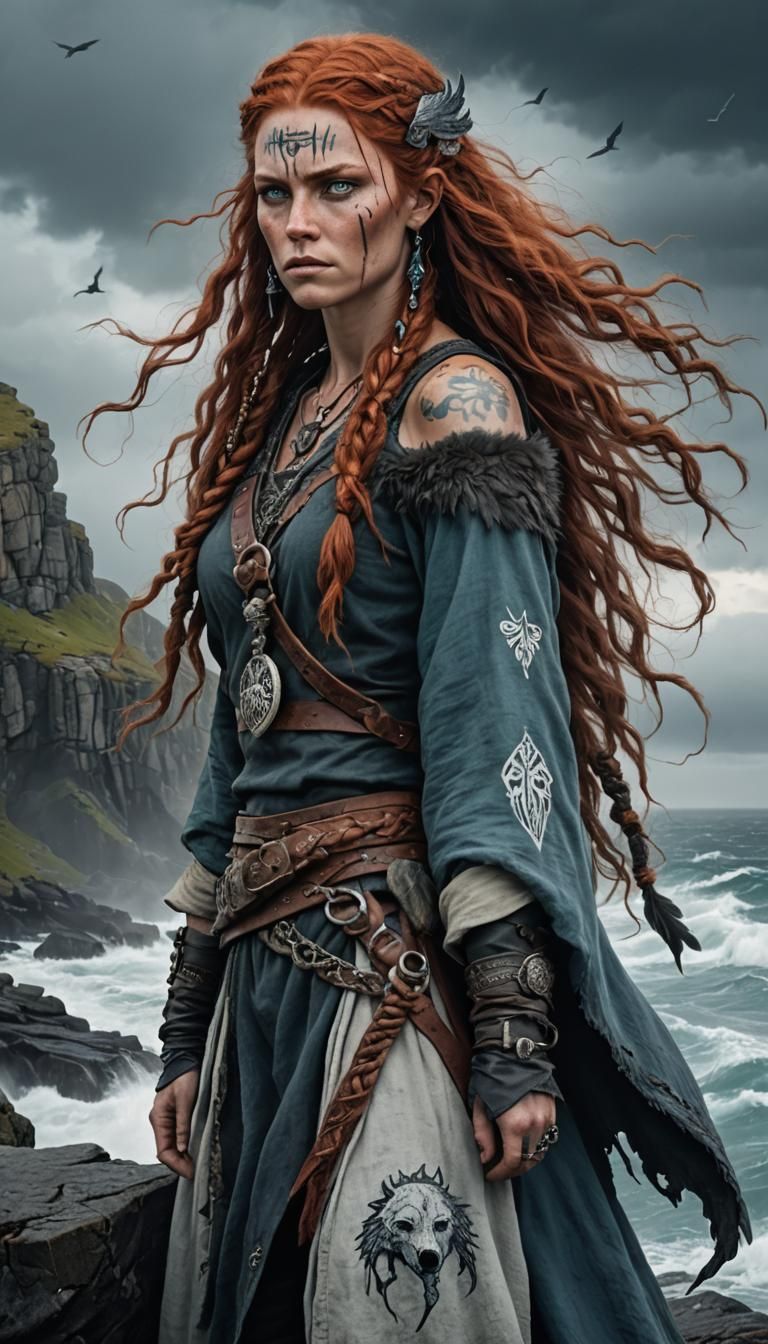 Viking Seeress on Windswept Cliff, Digital Art