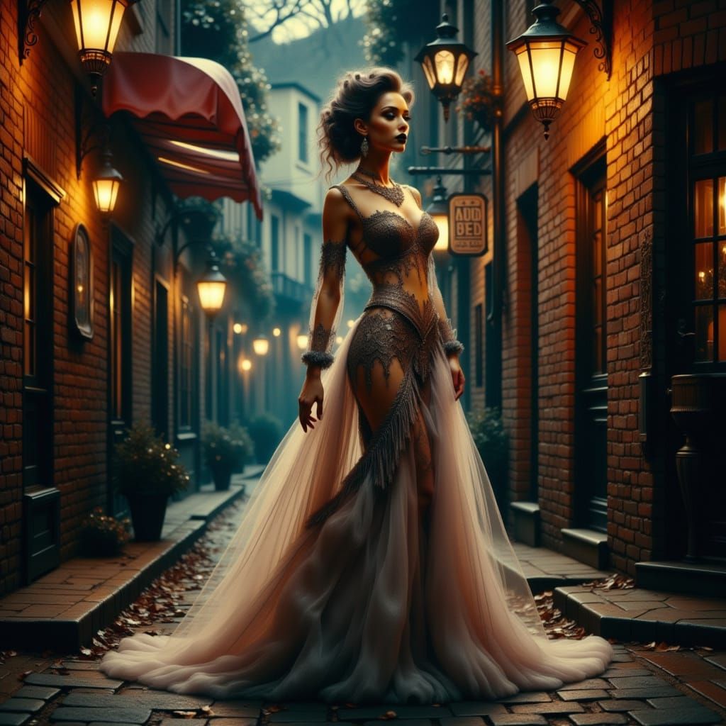 Woman in Gown Under Lantern: Expressive Artistic Portrait