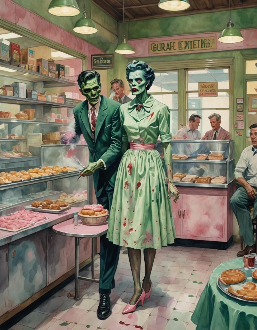 Zombie Smokes in Bakery, Watercolor Masterpiece