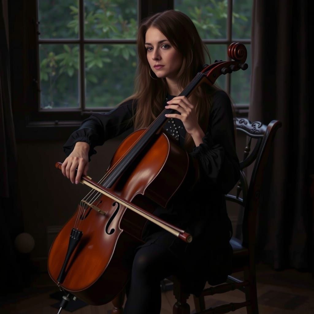 Woman Playing Cello in Dark Night, Art Nouveau Style