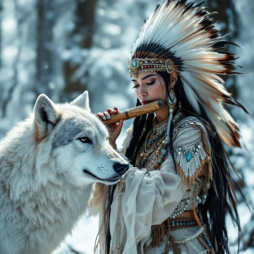 Native American Girl with Wolf in Snowy Forest