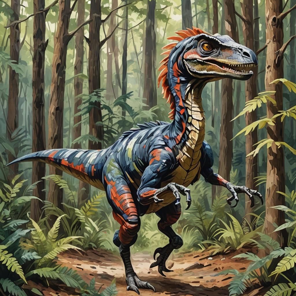 Feathered Velociraptor Runs Through Forest in Gouache Style