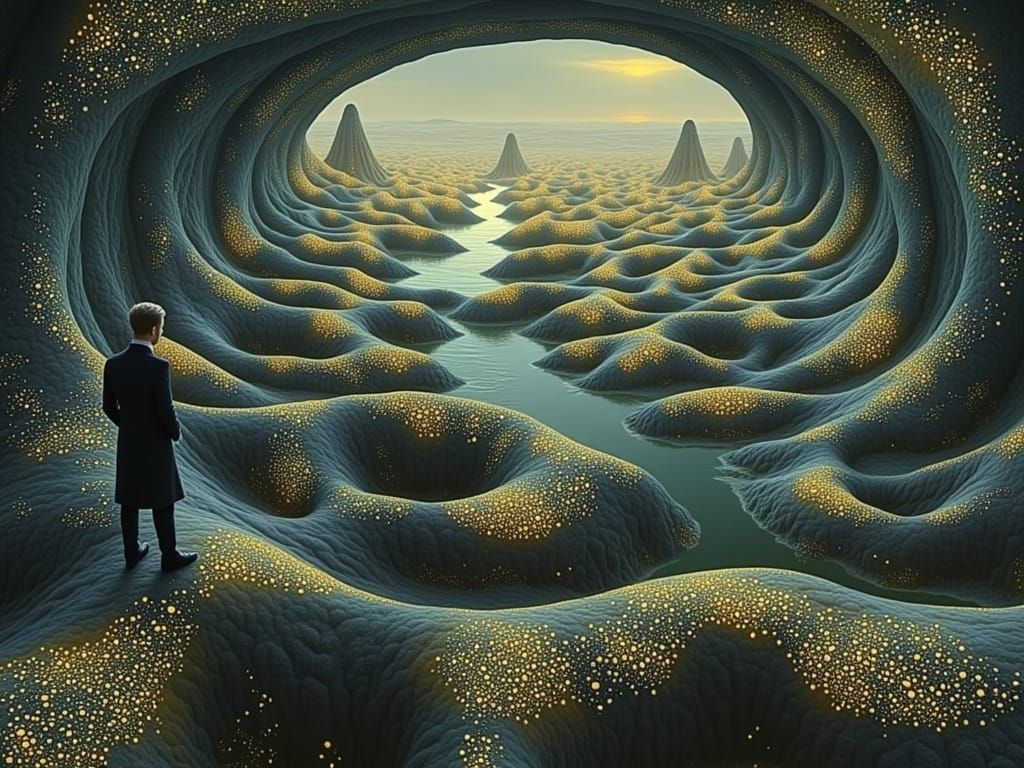 A Lone Figure Dissolves in Golden Glow of Alien Desert