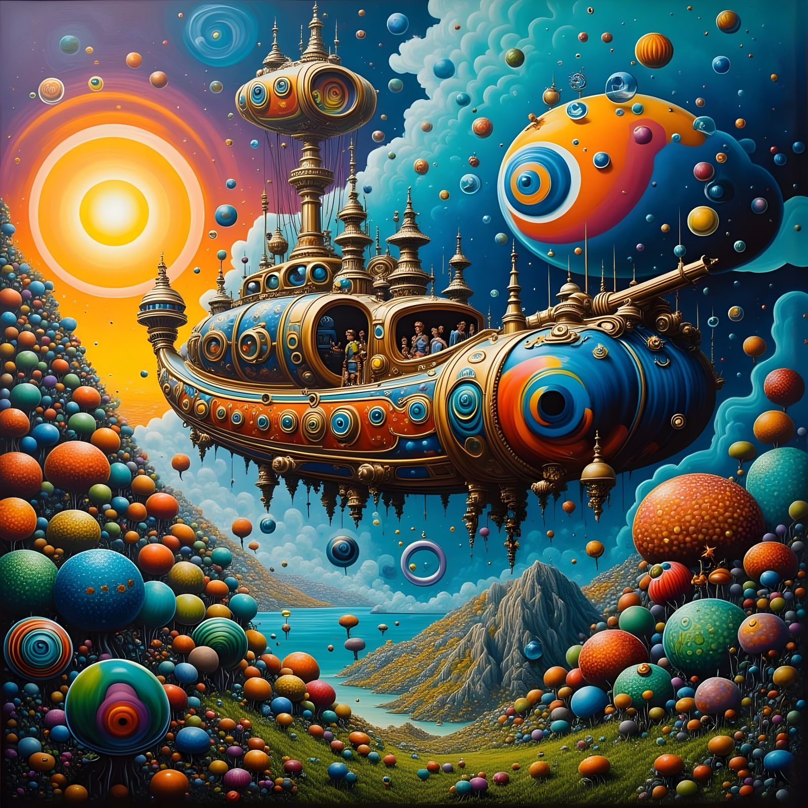 Steampunk Spaceship Explores Vibrant Plastic Boat Planet