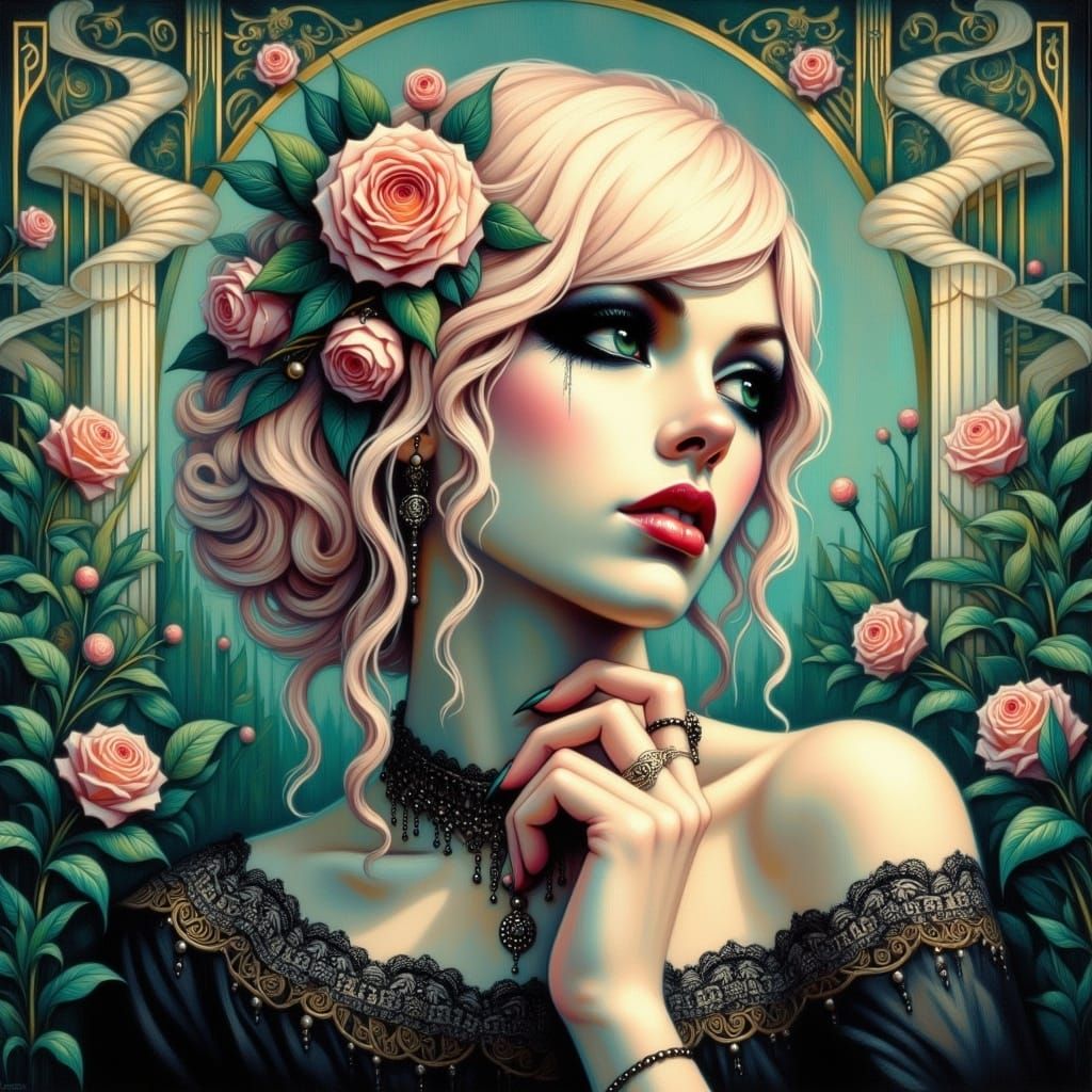 Contemplative Woman in Dreamy Landscape: Romantic Goth Lora