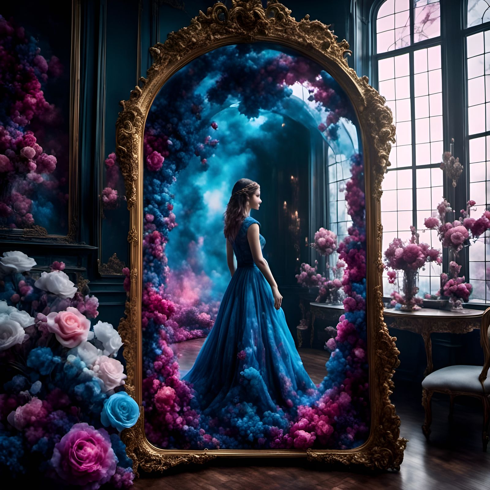 Woman in Mirror Portal to Psychedelic World