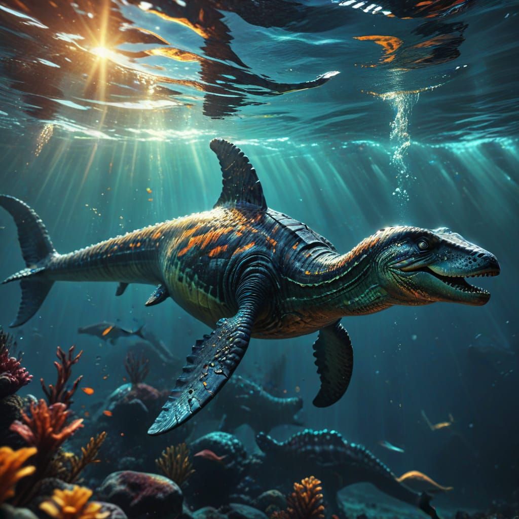 Hyperrealistic Plesiosaurs Swim in Glowing Ocean