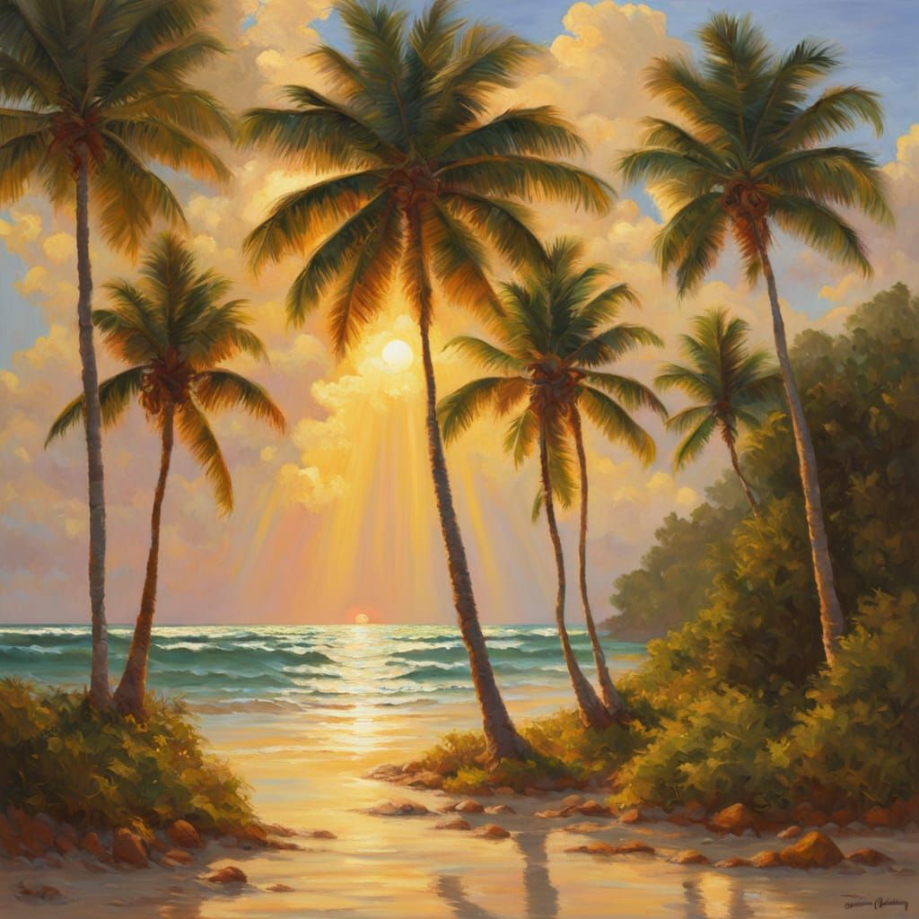 Mirrored Tropical Beach Serenity in Golden Light