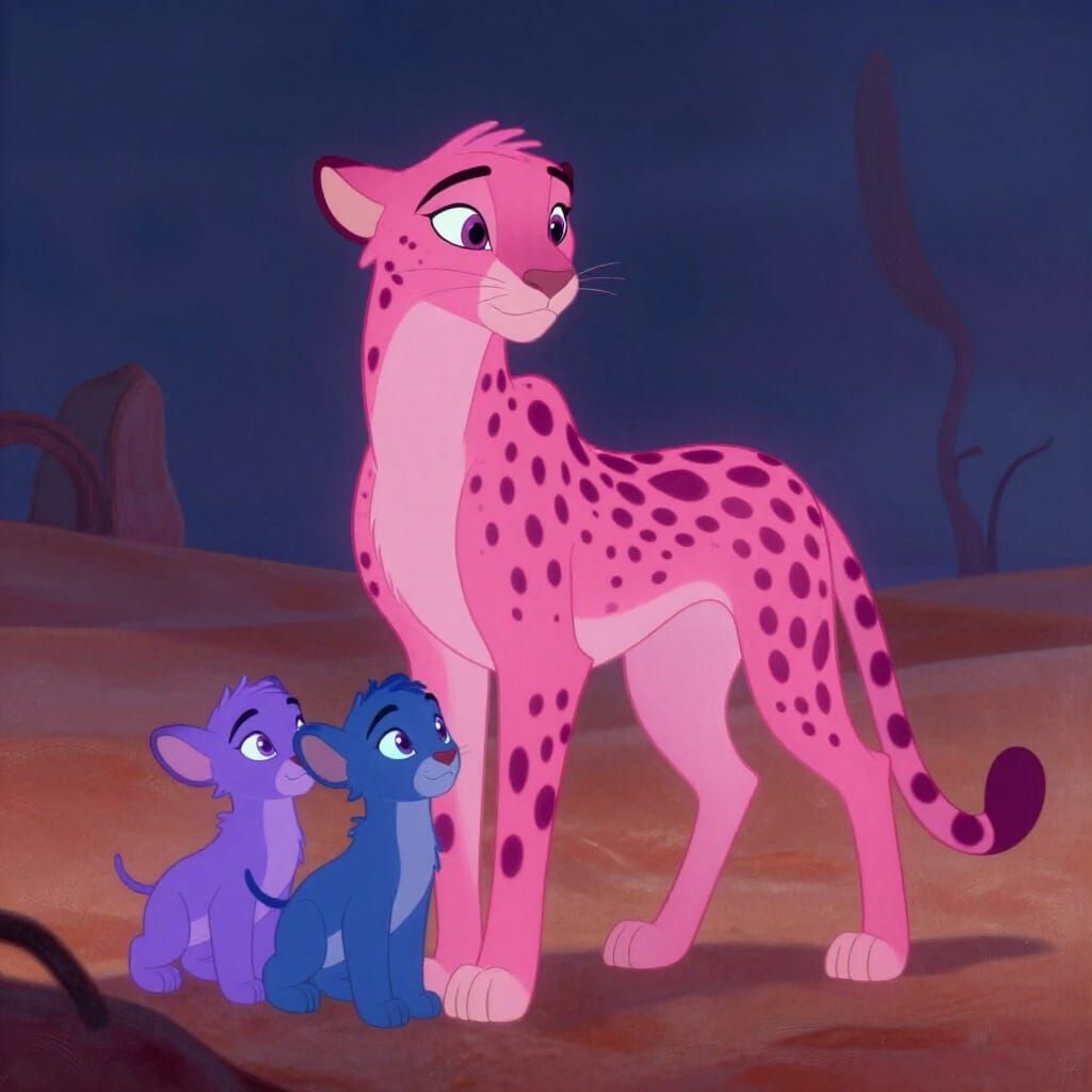 Bioluminescent Cheetah Family in Desert Fog, Disney Animatio...