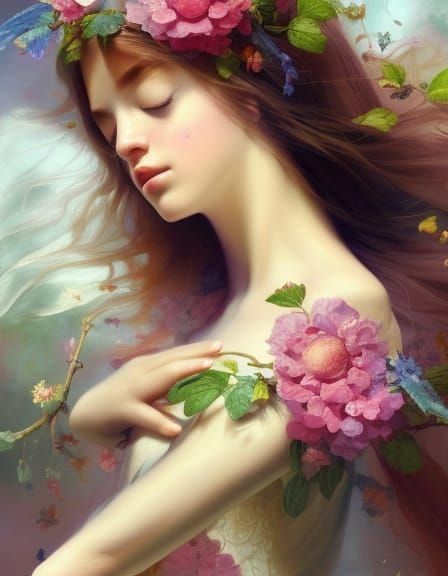 Sleeping Hydrangea Blossom: Digital Art Nouveau Painting