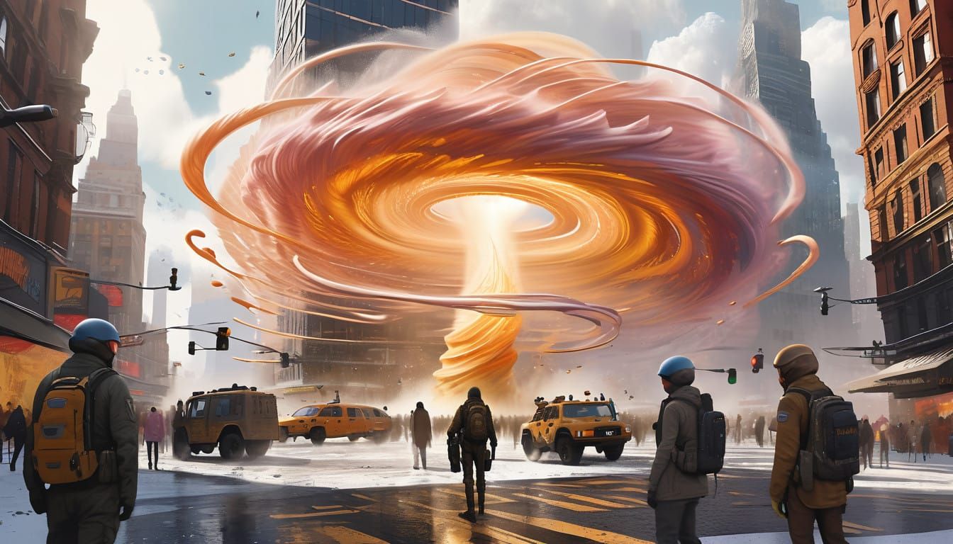 A Person Teleports into a City Square in a Dreamy, Hyper-Rea...