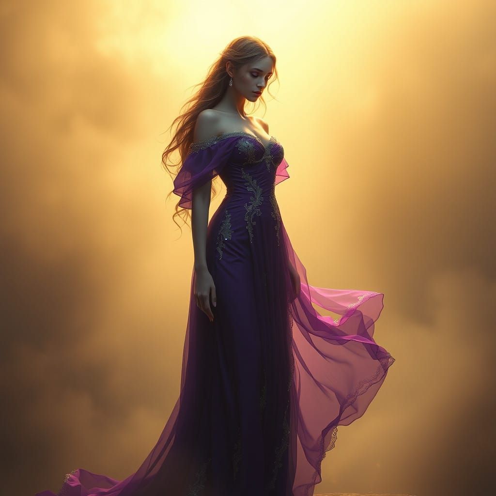 Dreamlike Maiden in Ethereal Purple Gown Amidst Whispers of ...