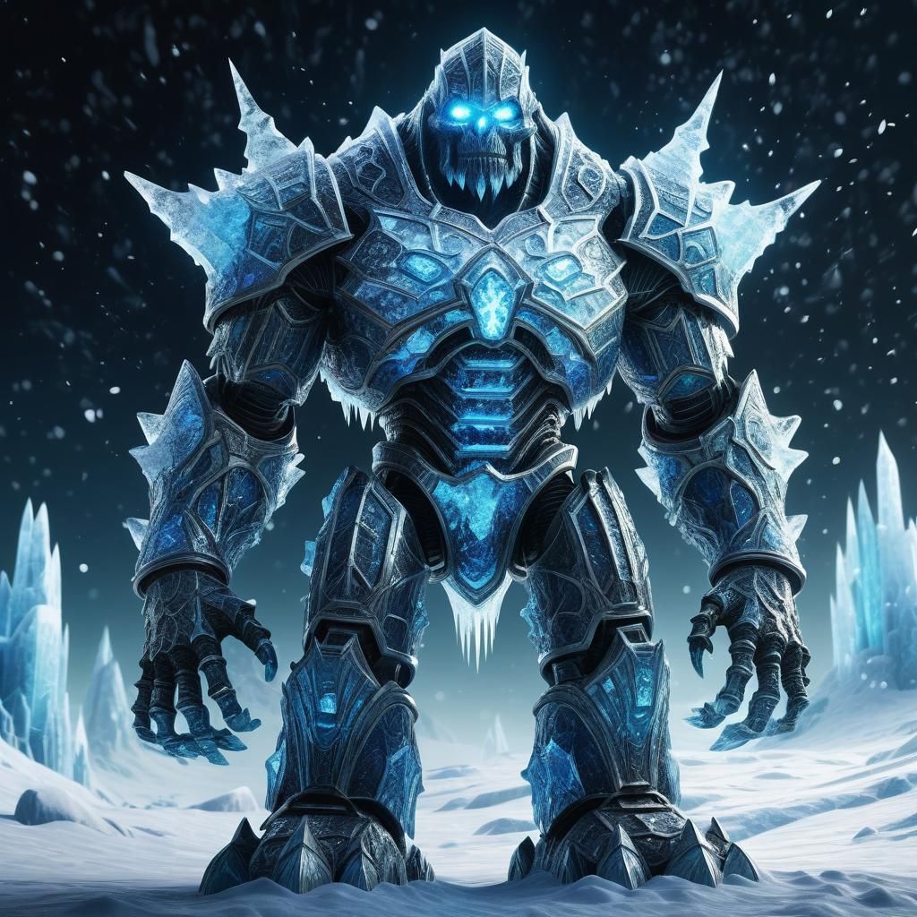 Towering Ice Golem with Glowing Patterns in Fantasy Art