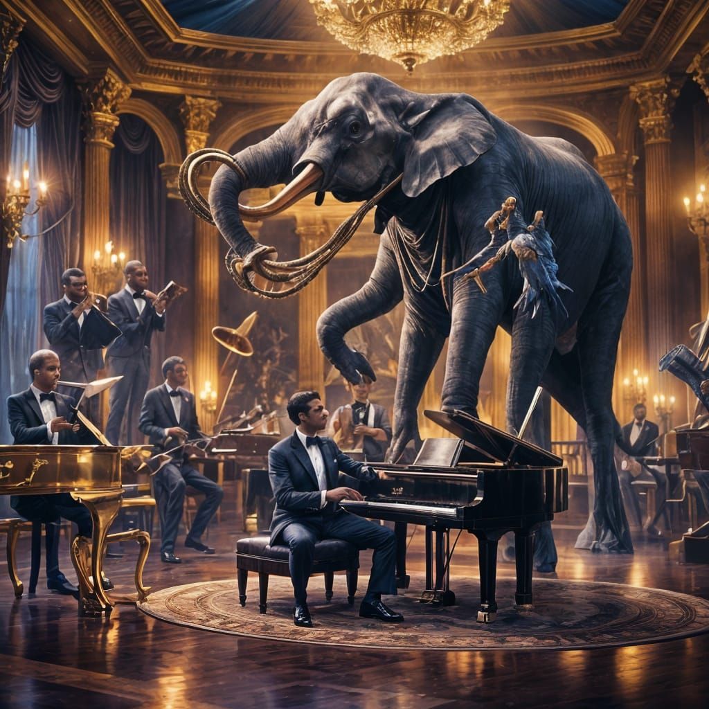 Elephant and Bird Symphony in Art Nouveau Style
