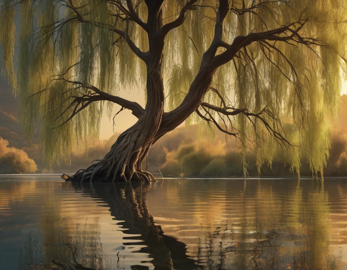 Willow Tree in Lake: Comic Book Illustration