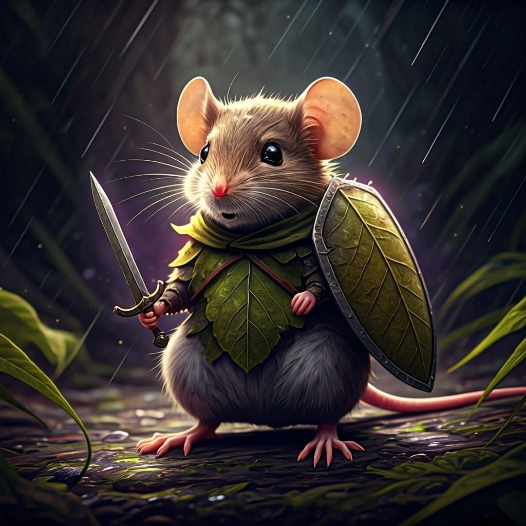 Hyper-Realistic Mouse in Leaf Armor, Surrounded by Rainy For...