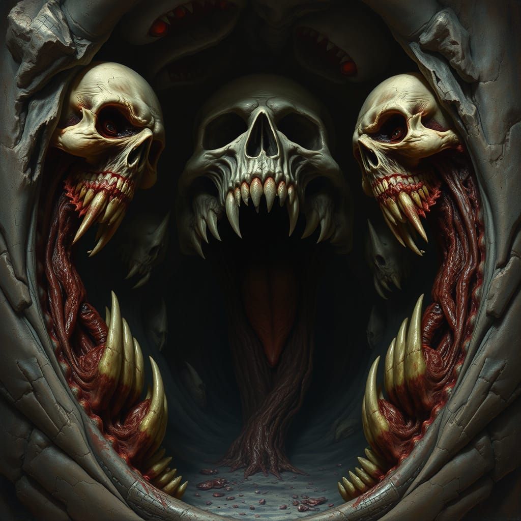 Nightmarish Mouth with Faces and Skulls, Bosch Style