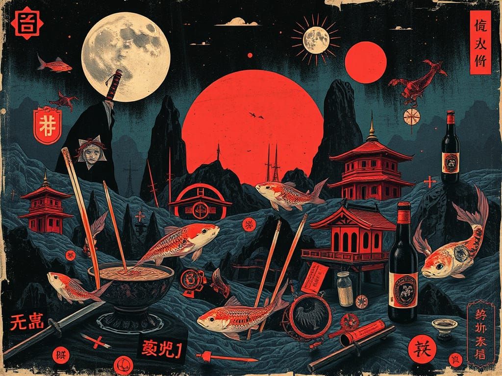Surreal Japanese Noir Collage in Vintage Poster Style