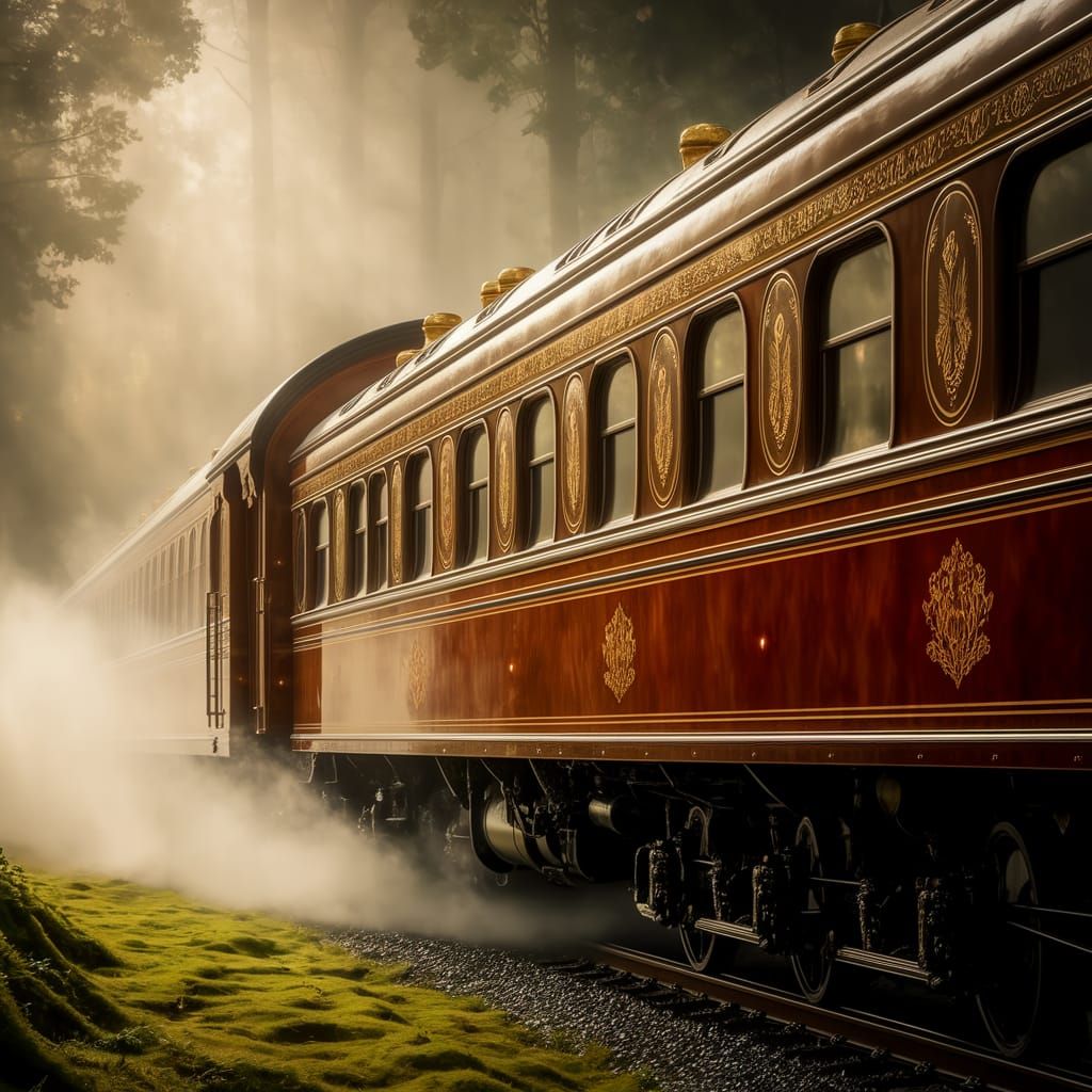 Vintage Orient Express Train in Enchanted Forest Dawn