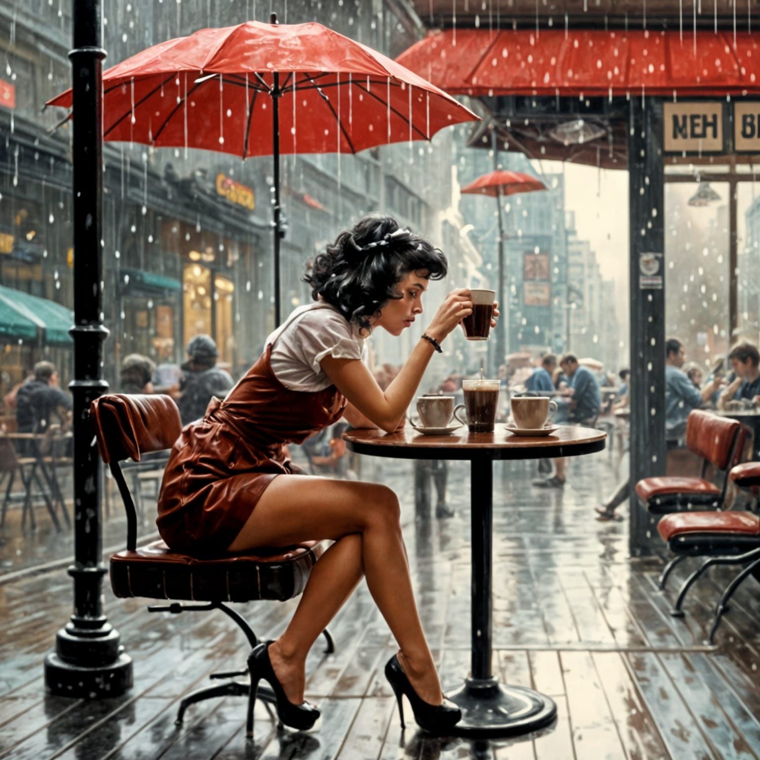 Lonely Pinup Girl in Coffee Shop: Hyperreal Style