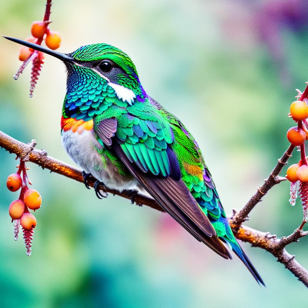 Hummingbird on Branch in Romantic Digital Art