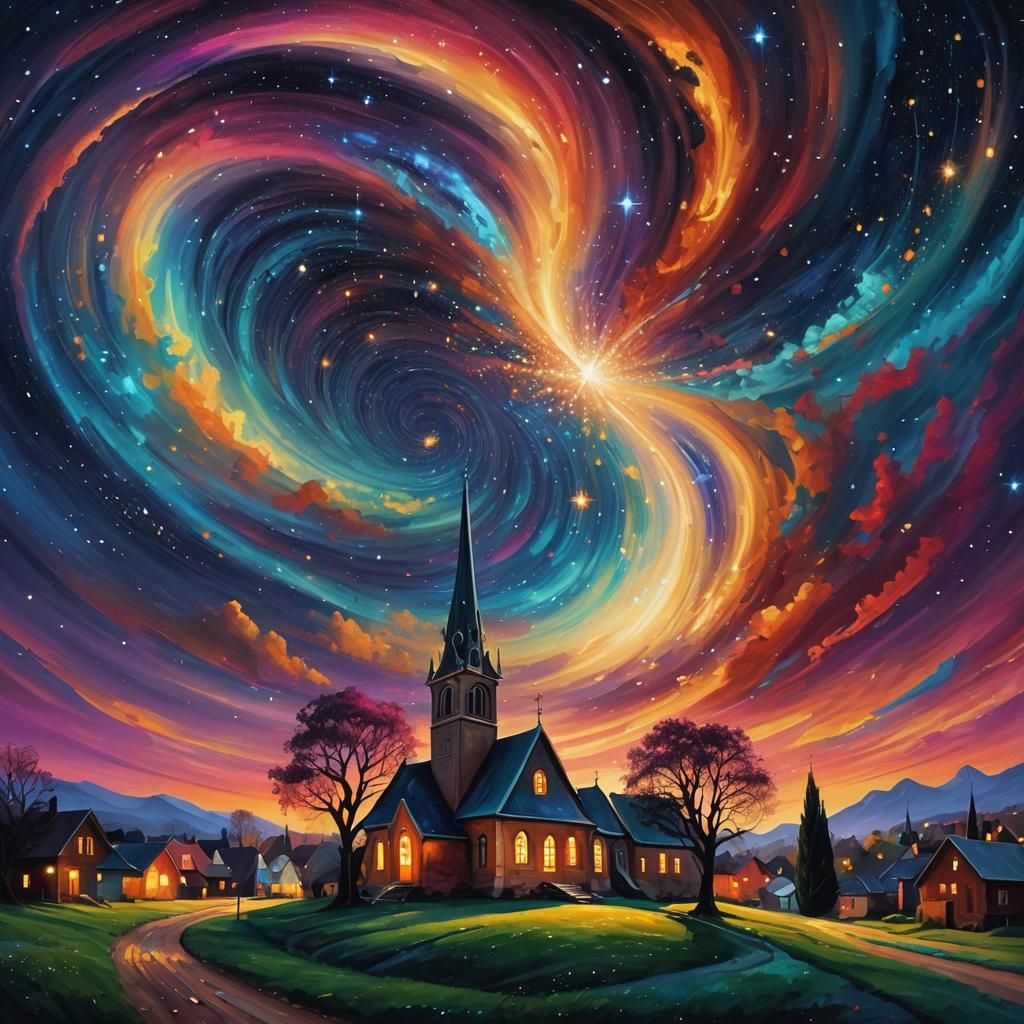 Dreamlike Village Under Swirling Starry Night Sky