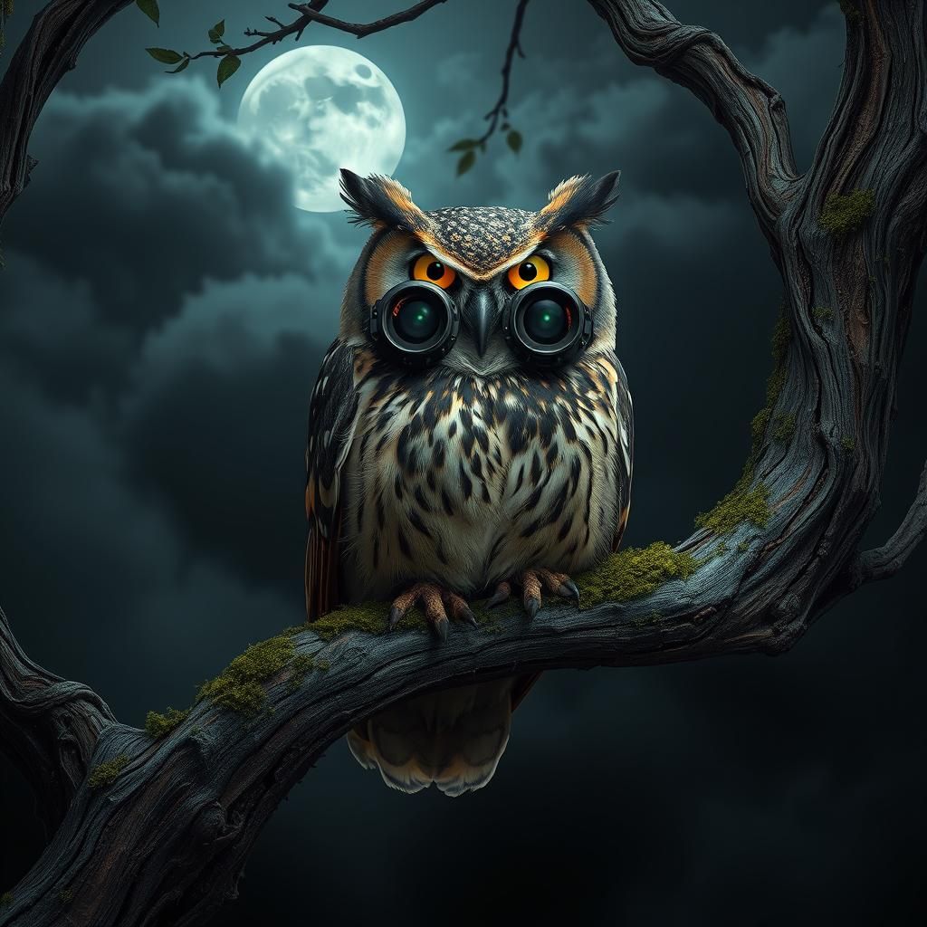 Cybernetic Owl with Camera Lens Eyes