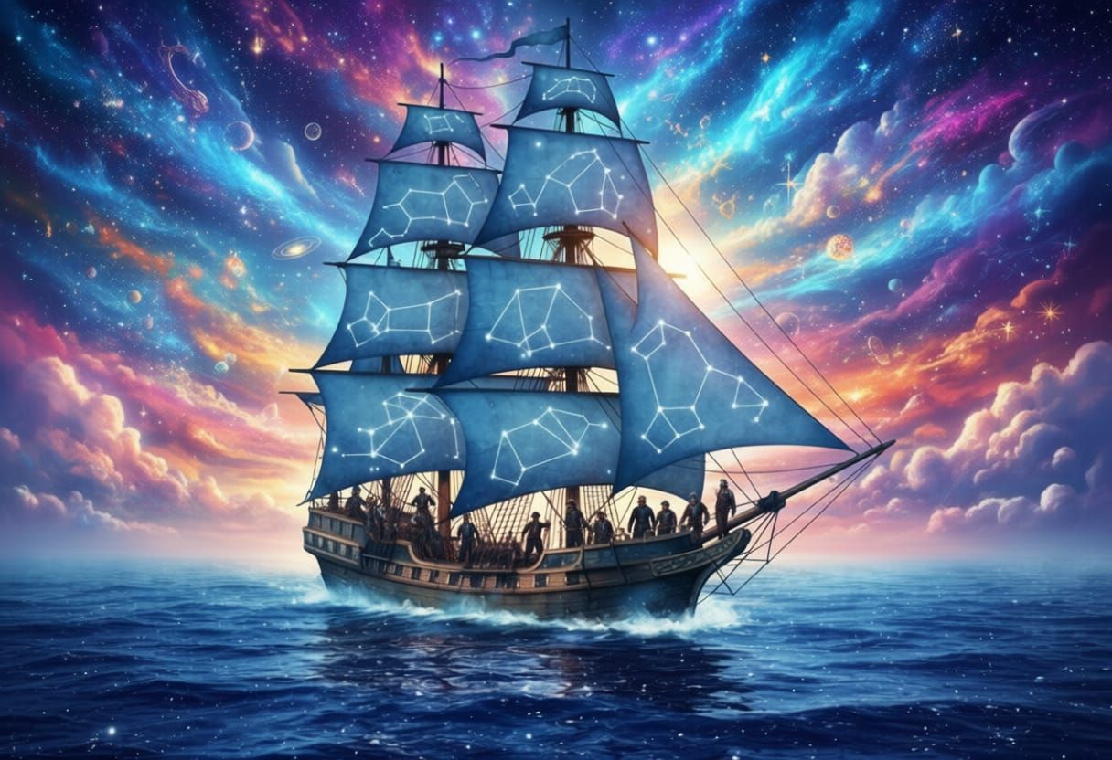 Ethereal Ship Navigates Liquid Starlight Sea