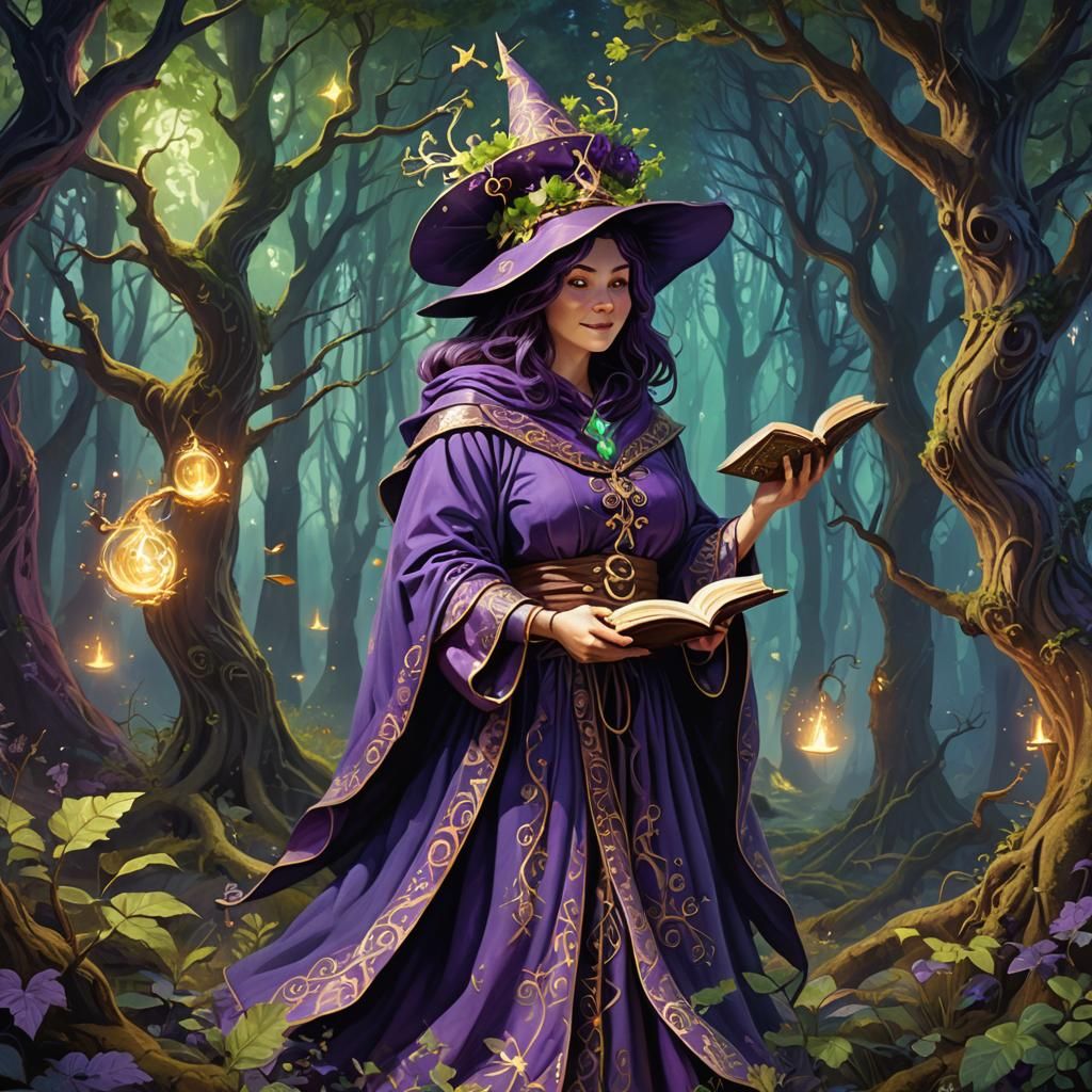 Chubby Purple Witch with Spellbook, Fantasy Art