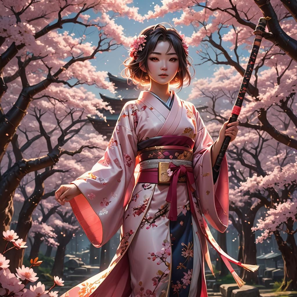 Anime Girl in Cherry Blossoms, Fantasy Concept Art