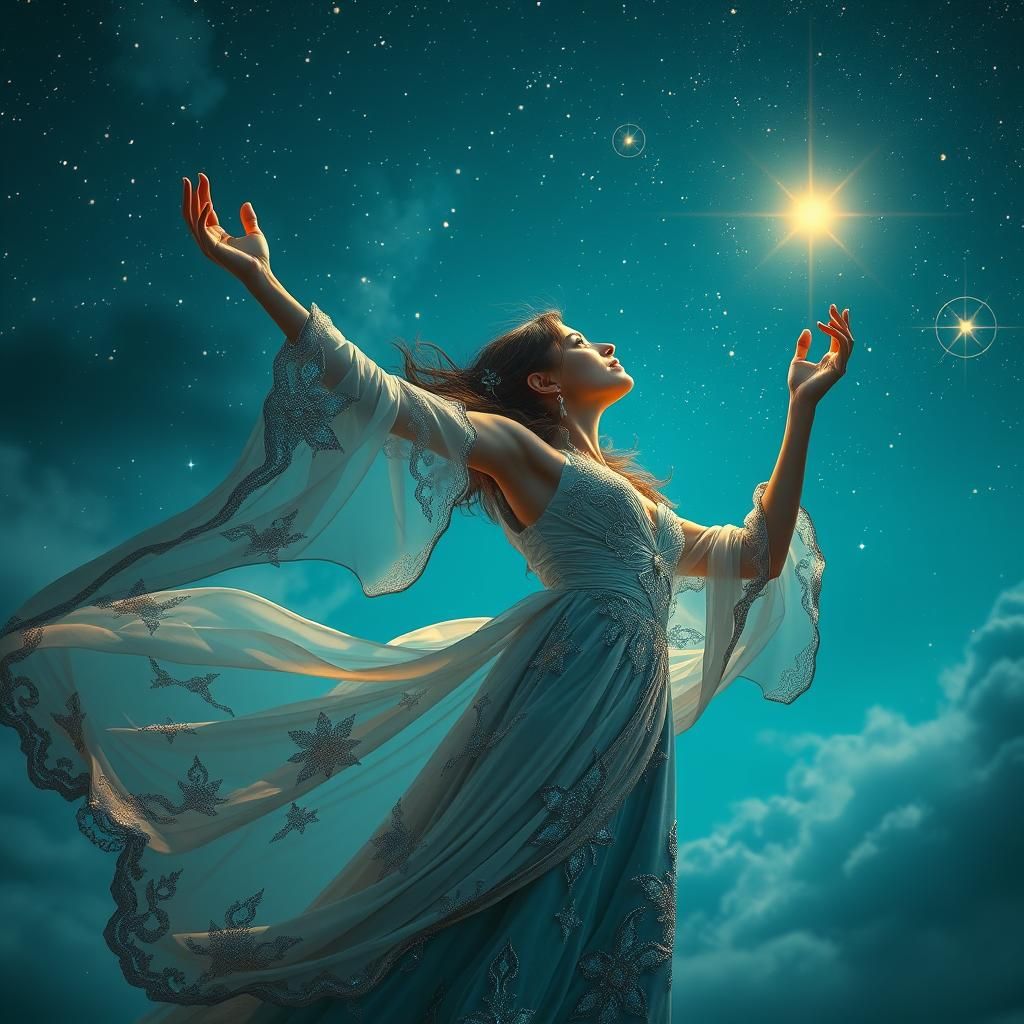 Woman Touching a Star in Dreamlike Fantasy Art