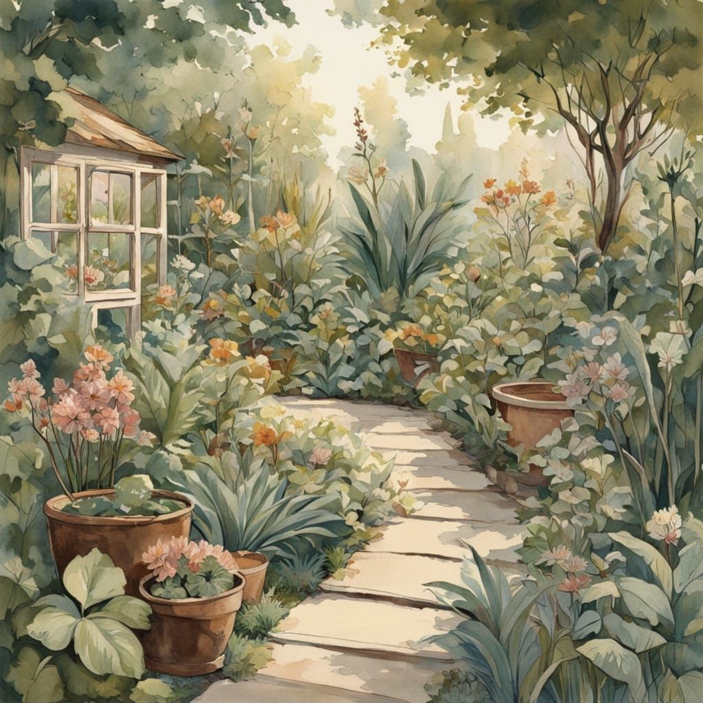Lush Botanical Garden Paradise in Watercolor