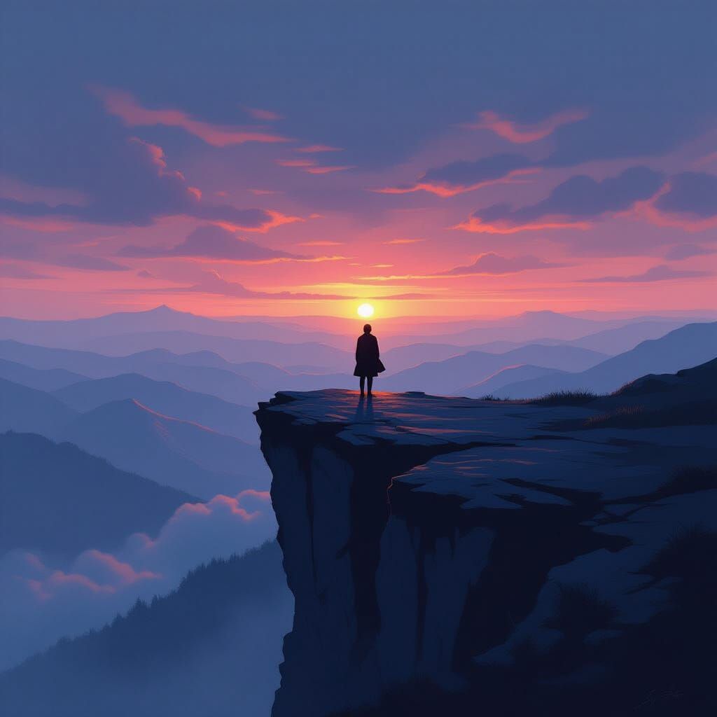 Resilient Figure on Precipice Welcomes Dawn's Hope