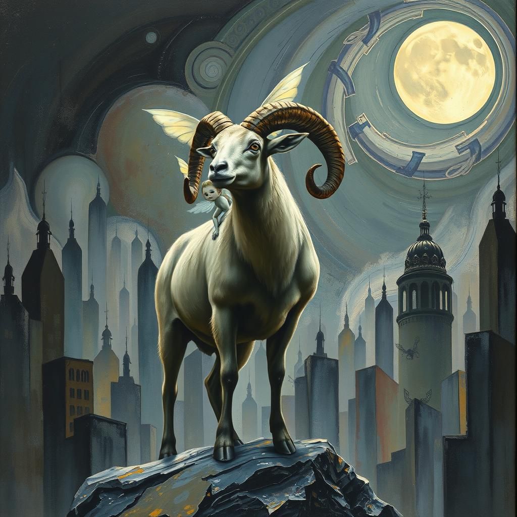 Ram and Fairy in Surreal Cityscape as Impasto Painting