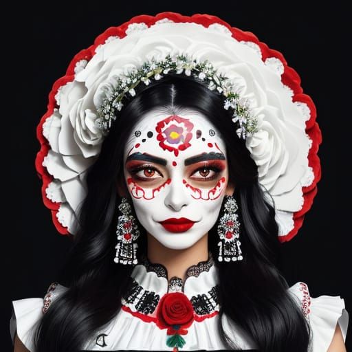 Day of the Dead Bride with Flowing Hair in Folk Art Style
