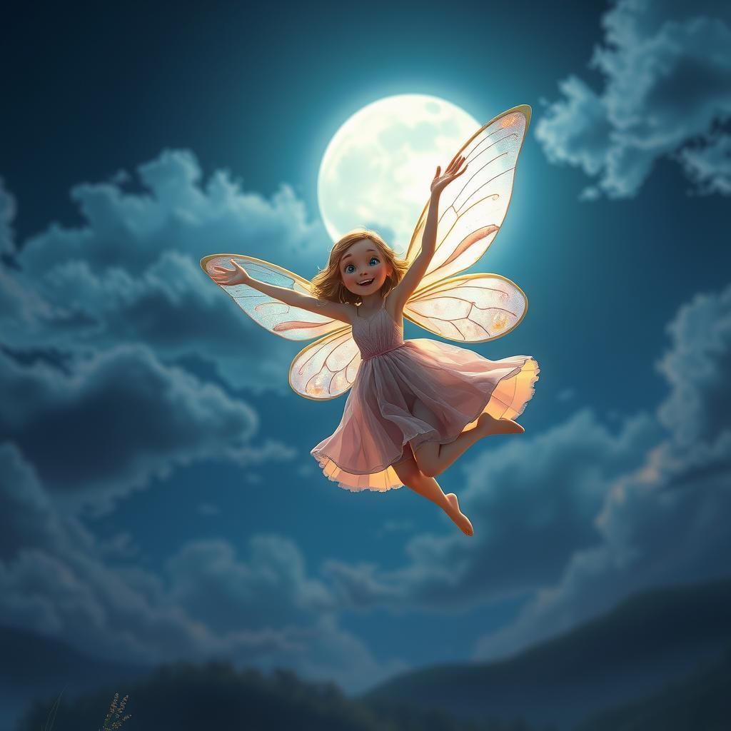 Joyful Butterfly Girl Flips Under Dreamy Moonlit Sky