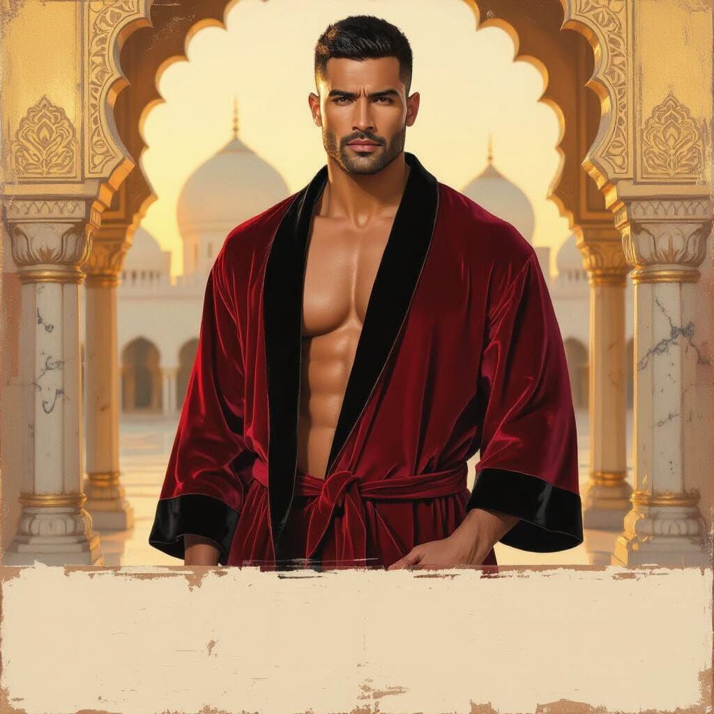 Indian Hunk in Red Velvet Bathrobe, Golden Mosque Interior