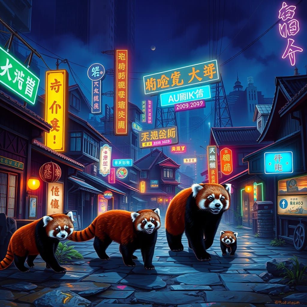 Red Pandas Explore Cyberpunk Chinese Village