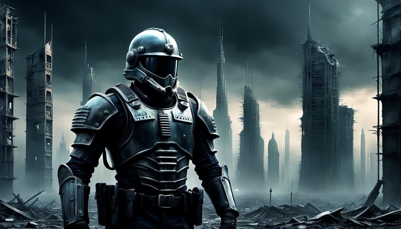 Dystopian Police Officer in Ruined Cityscape