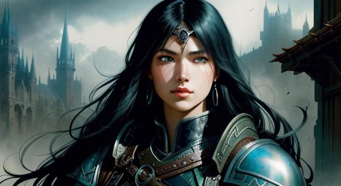 Powerful Dark Fantasy Woman Warrior on Battlefield