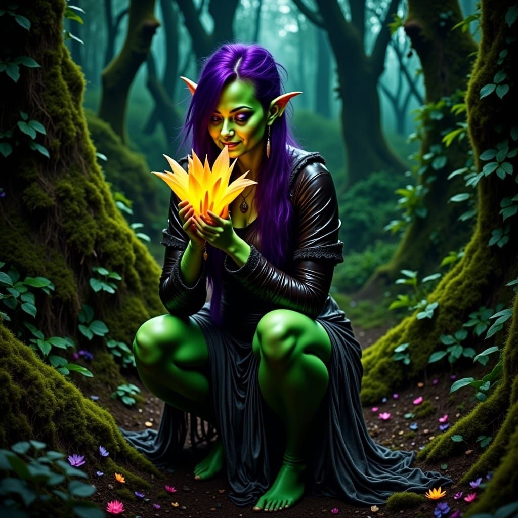 Ogre Woman Smells Bioluminescent Flower in Forest