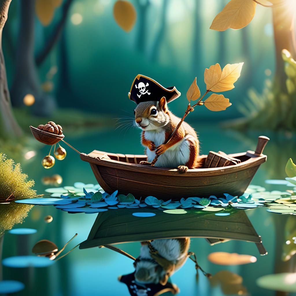 Squirrel Pirate Navigating Pond, Digital Art
