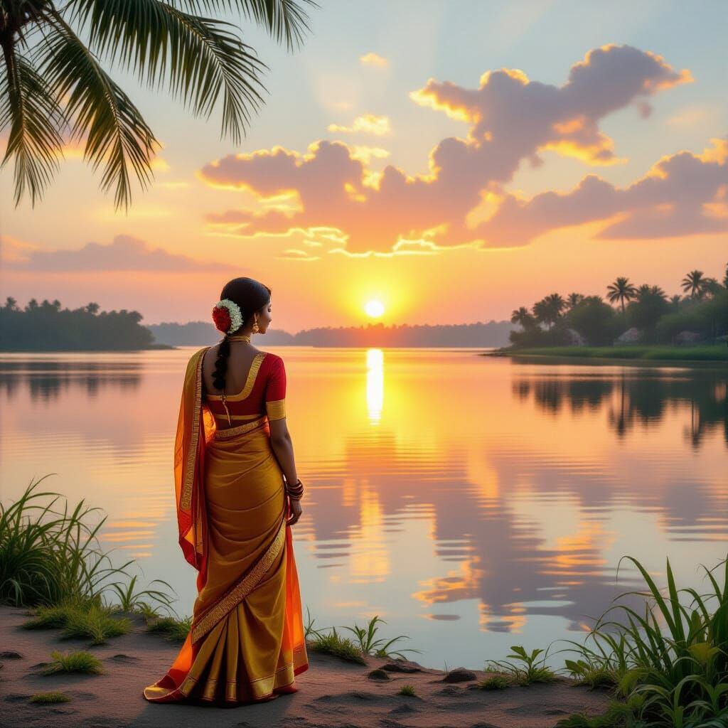Kerala Backwaters Sunrise: Serene Woman in Traditional Attir...