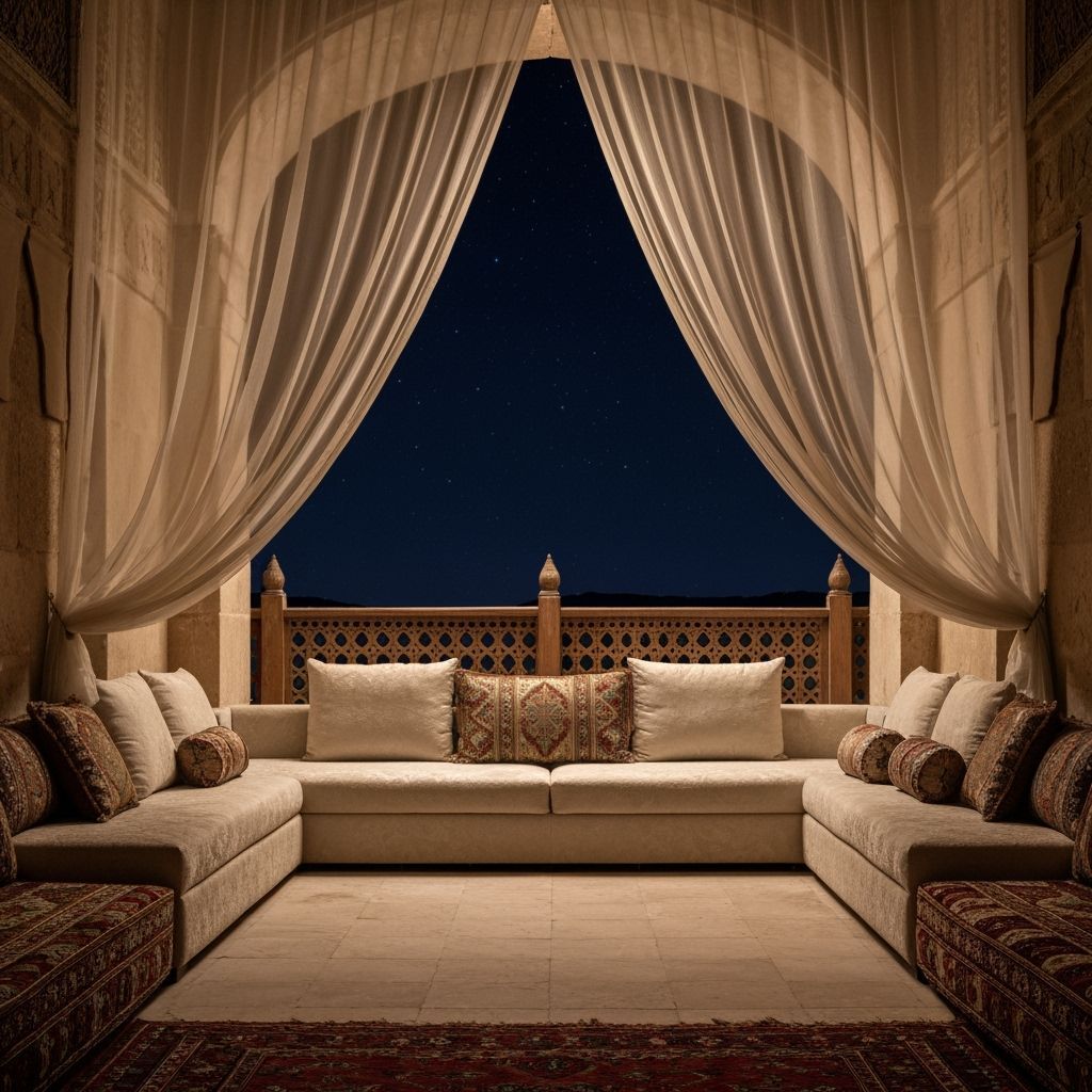 Ornate Assyrian Palace Room with Balcony Under Twinkling Sta...