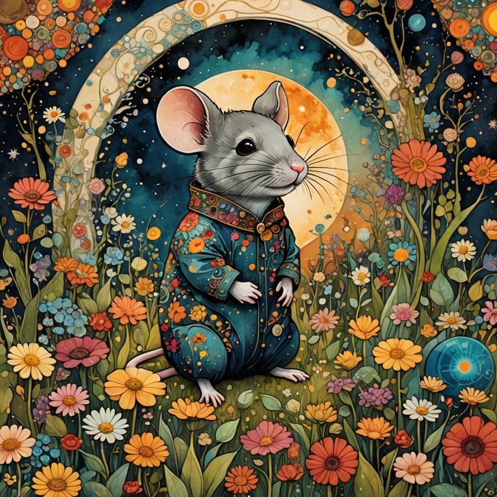 Whimsical Mouse in Flower Garden, Folk Art Style
