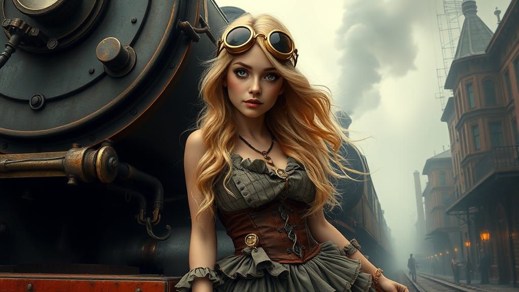 Steampunk Beauty Leans on Copper Locomotive