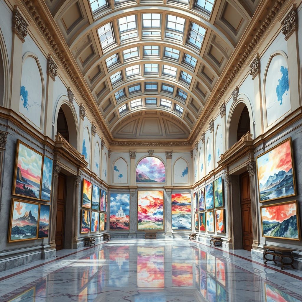 Majestic Watercolor Museum Interior in Grand Style