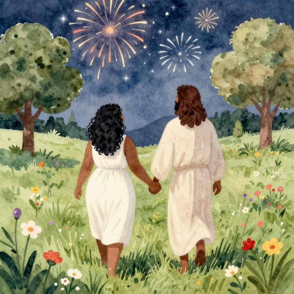 Jesus and Woman Walk Through Field Under Fireworks Sky