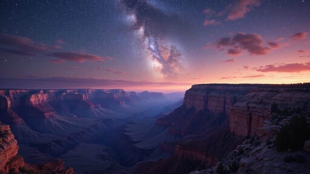 A sweeping vista of the Grand Canyon at night, under a star-studded sky.