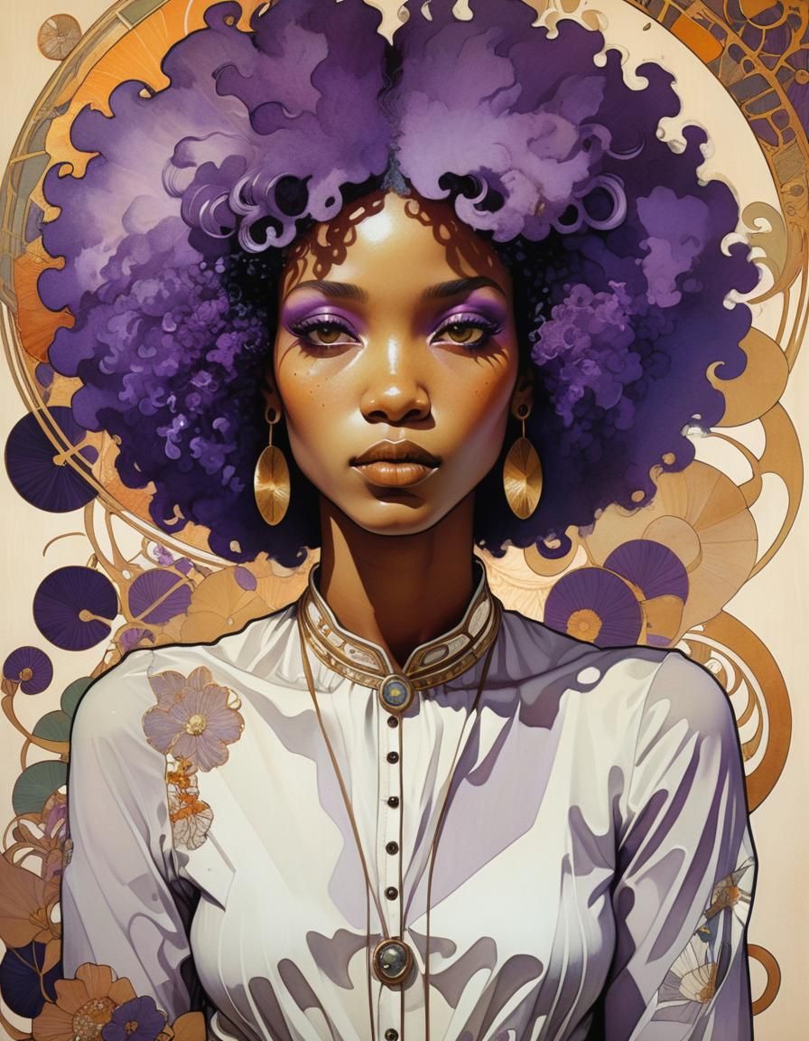 Mixed Media Portrait of Woman with Violet Afro